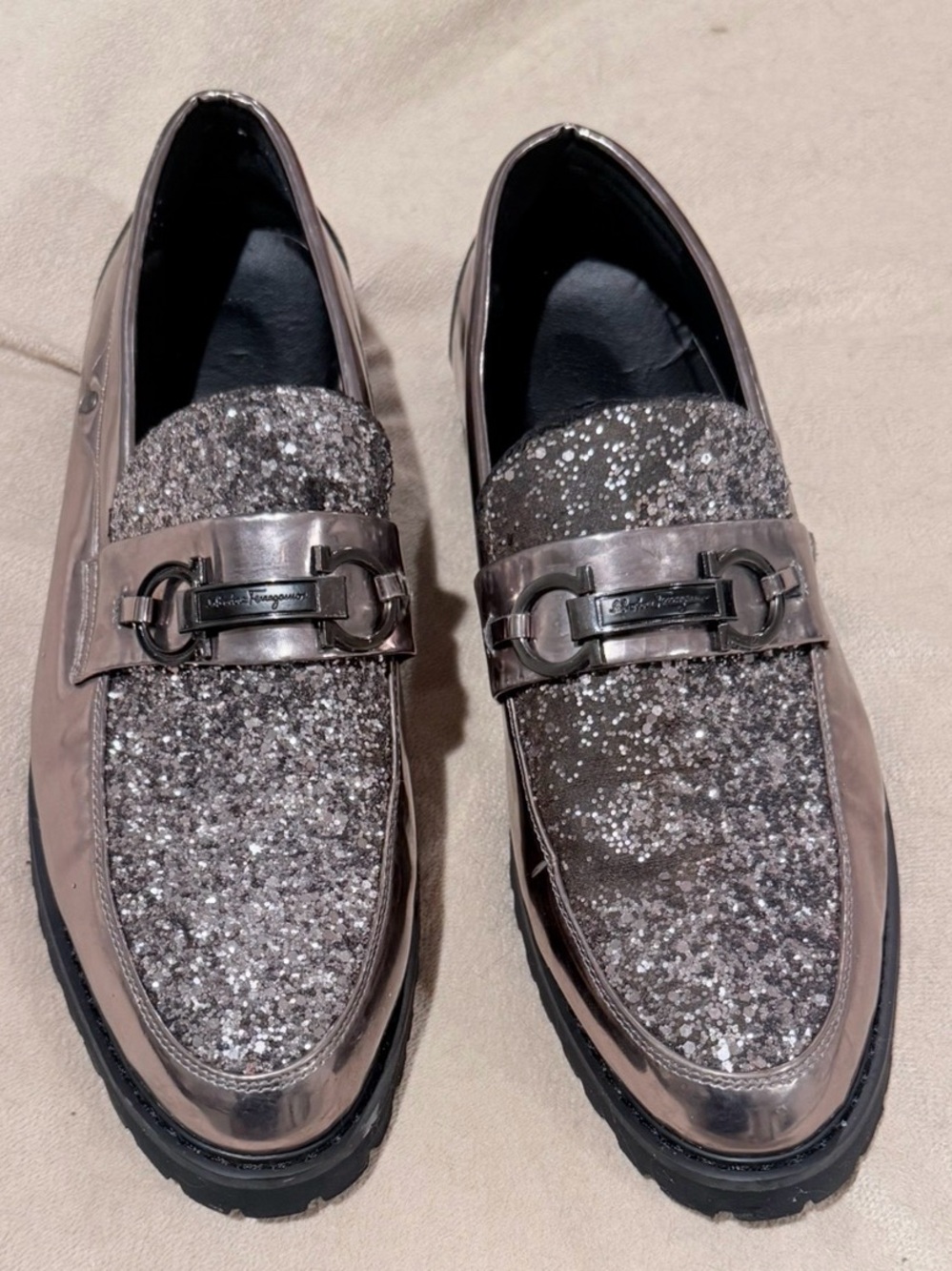 Salvatore Ferragamo Metallic Silver Glitter Horsebit Loafers